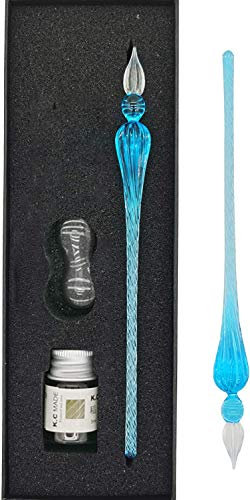EACHHAHA Glass Dip Pen and Ink Set, Crystal Calligraphy Pens with Ink and Holder for Greeting Cards,Postcard Paper,Fountain Pen for Art, Writing, Signatures Gift(Blue)