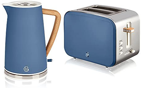 Swan Nordic Blue Kitchen Set with 1.7 Litre Kettle and 2 Slice Toaster, Wood Effect and Soft Tough Matte Finish, Stainless Steel, STP2090BLUN