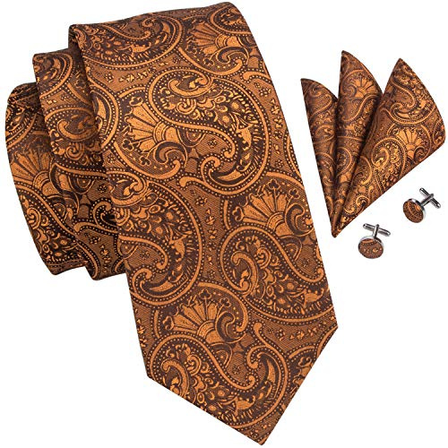 Hi-Tie Mens Dark Orange Tie Set Silk Necktie Woven Paisley Ties with Pocket Square Cufflinks Set for Wedding Party