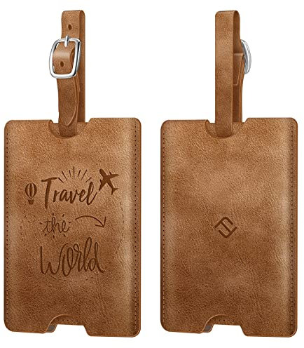 Fintie Kofferanhänger aus Kunstleder, [2 Stück] Gepäckanhänger ID Etikett mit Adressschild Namenschild für Reisetasche Koffer, Vintage Dunkelbraun