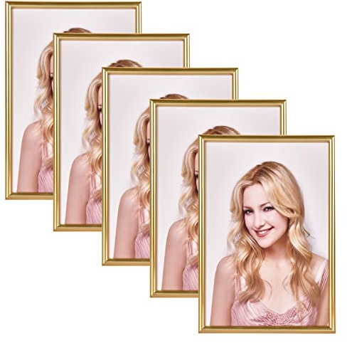 Alishomtll Juego de 5 marcos de fotos dorados, 10 x 15 cm, marco de fotos con cristal acrílico HD para colgar y colocar en la galería de fotos, juego de marcos de plástico para varias fotos, dorado
