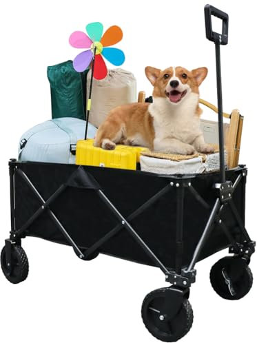 Carro plegable de camping resistente con ruedas todo terreno y mango ajustable, bueno para picnic al aire libre, fiesta en el jardín, compras, barbacoa, color negro