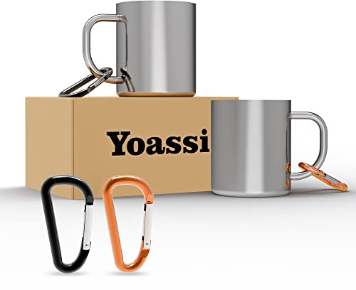 Yoassi Stainless Steel Camping Mug, 2pcs 300ml Double Wall Outdoor Mug with Carabiner, Insulated Mug, Tea Mug Coffee Mug for Travel Hiking Picnic