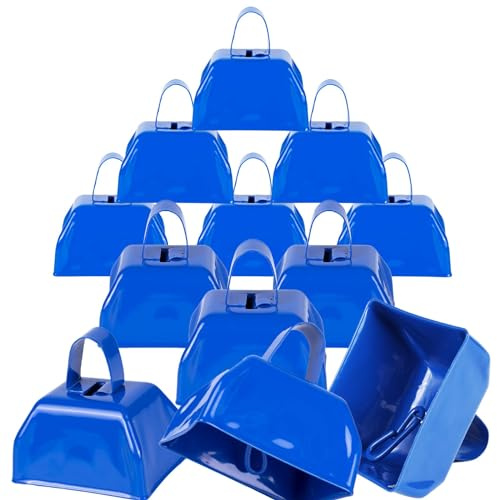 Cow Bells Noise Makers Blue Cheering Bell for Sporting Events: 12 Pcs Metal Cowbells with Handle - Small Loud Bell Bulk Hand Percussion for Football Games Graduation Weddings-Blue