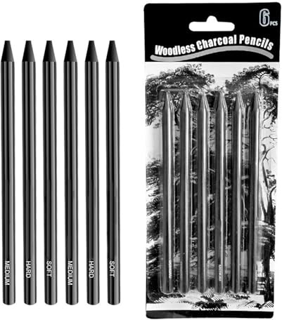 Crayons Fusain, Crayon de Charbon, Fusains Pour Dessin, Crayon de Croquis, Croquis Dessin Charbon, Pour La Peinture à L'huile, Le Design Artistique, Le Croquis, 6 Pièces(2 Soft+2 Medium+2 Hard)