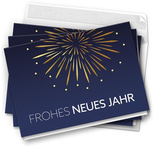 10 Neujahrskarten Grußkarten 2026 Neujahr Silvester - Klappkarten mit Umschlägen - Neujahrsgrüße Feuerwerk auf Blau