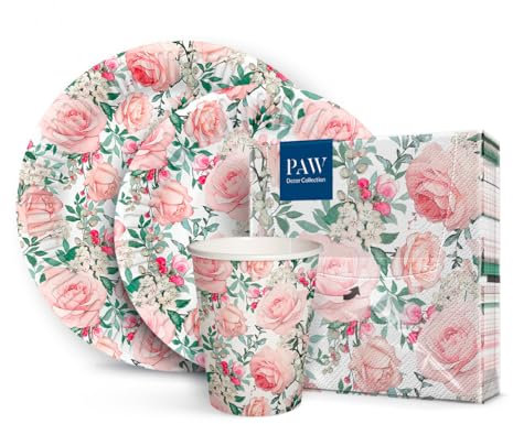 PAW - Set Compleanno per 16 Persone, 68 Elementi - Stoviglie Monouso Con Tovaglioli, Piatti, Bicchieri di Carta - Splendide Rose