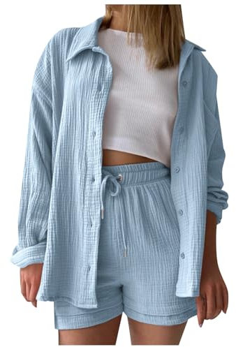 Musselin Bluse Damen 2 Teiler Damen Elegant Lounge Set Damen Sommer Casual Outfit Y2K Clothes Damen Bluse Musselin Hemd Und Shorts Sommer Damen Top Bluse Oberteil Set Kurz