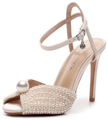 IvoireCh Sandalias de boda con perlas para mujer, punta abierta, tacón de aguja de 4 pulgadas, sandalias de tacón alto con perlas para novia, fiesta de noche, Champán, 41 EU