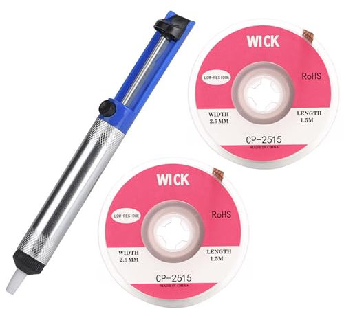 Entlötpumpe Set, Entlötpumpe und 2 Entlötlitze 2,5 mm* 1,5 mm, Desoldering Wick&Desoldering Pump, 2pcs Entlöten Docht, Lötmittel Sauger Vakuumpumpe Solder Removal Tool