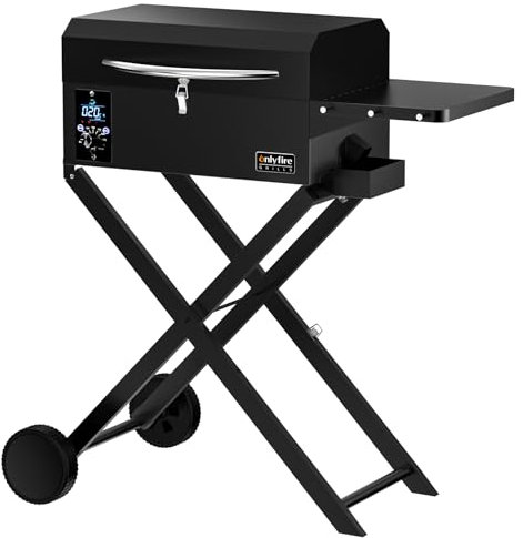 Onlyfire Upgraded Pellet Smoker BBQ with Foldable Stand and Side Table, Portable 8 in 1 Multi-Function Outdoor Barbecue Grill with Auto Temperature Control and Meat Probe for RV Camping, Black