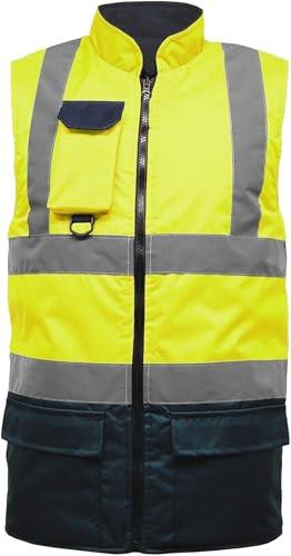 FASHIONISM Gilet da uomo senza maniche, ad alta visibilità, unisex, foderato in pile, reversibile, ad alta visibilità, gilet resistente, Giallo/blu navy., S