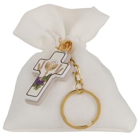 12 PZ Clip Bag con Portachiavi Comunione 8x10 cm Bomboniera Portaconfetti Sacchetti Bianchi con Croce Ricordo Bambino Bambina