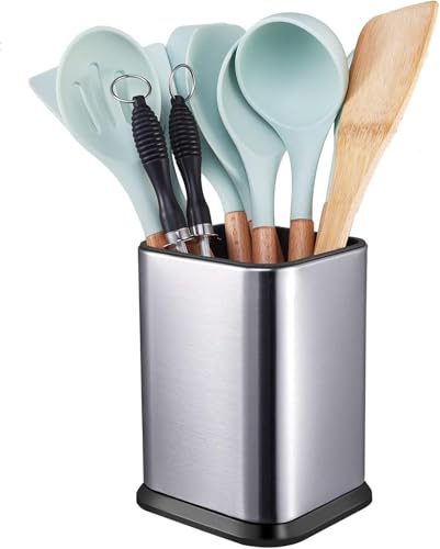 DIRXVMC Stainless Steel Kitchen Utensil Holder for Countertop, Spoon Spatula Organizer,Modern Rectangular Large Cooking Utensil Caddy Counter,Utensil Crock Silver (Silver, 1 pack)