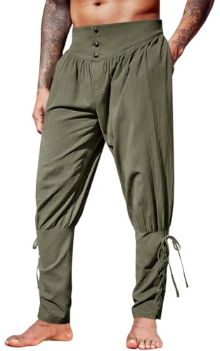 Runcati Pantalones medievales para hombre, estilo vintage, ligeros, de lino, renacentista, vikingo, pirata, monocolor, holgado, para el tiempo libre, cosplay, disfraz, Verde militar., XL