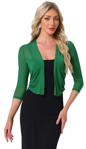 Allegra K Women's Elegant Bolero Chiffon Transparent 3/4 Sleeves Cardigan Mesh Short Summer Jacket, green, S