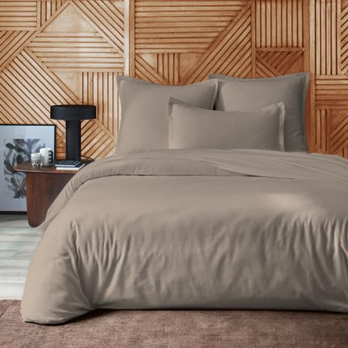 Duquennoy & Lepers - Parure Housse de Couette 2 Personnes en Flanelle 100% Coton - Housse de Couette 260x240 cm avec Rabat et 2 Taies d'oreiller 63X63 cm - Uni Taupe