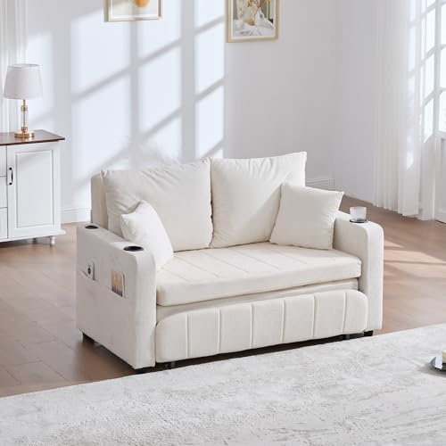 Sofá de dos plazas con función de dormir, sofá cama extensible, sofá plegable multifuncional, con bolsa de almacenamiento, portavasos y 4 cojines, sofás pequeños para habitaciones pequeñas, beige