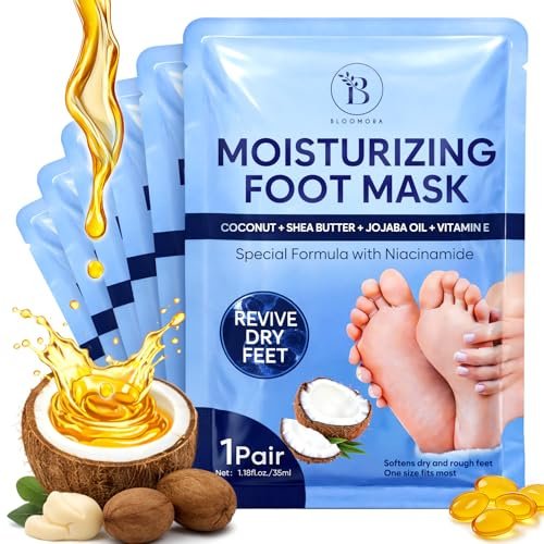 6 Paires Masque Pieds Hydratant à la Noix de Coco, pour Pieds Très Secs et Abîmés – Soin au Beurre de Karité, à l’Huile de Jojoba et à la Vitamine E, Foot Mask