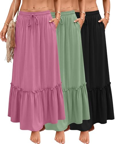 Ficerd 3 Pezzi Gonne Maxi Boho da Donna, Gonne Lunghe a Strati Fluide con Volant, Vita Alta con Coulisse Regolabile e Tasche