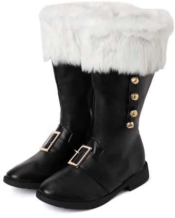 Bottes de Père Noël pour Hommes Femmes - Bottes d'hiver à Mollet Large et Poignets Blancs Confortables avec Sangle à Boucle, Design Unisexe pour Cosplay et Déguisements pour Noël Carnaval