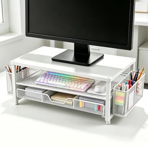Piashow Monitorställ skrivbordsorganisatör med låda och 2 pennhållare, ergonomisk bildskärmshöjning för bildskärm och bärbar dator, skrivbordsstativ för kontorstillbehör, laptophållare med ventilation