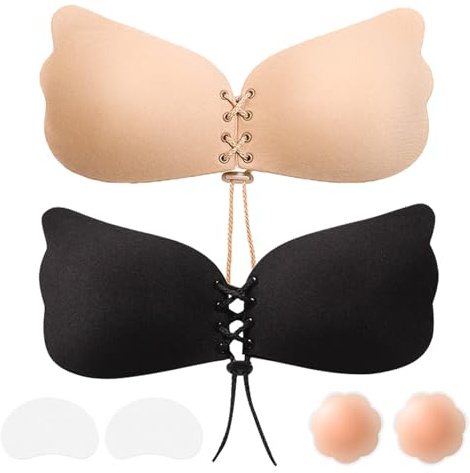 LLIMRNT Winged Push Up Sticky Bra for Women, 2 Pack Invisible Adhesive Strapless Backless Bra with Drawstring Lift, Skin-Friendly Silicone Cups, Reusabl— Party, Wedding, Everyday