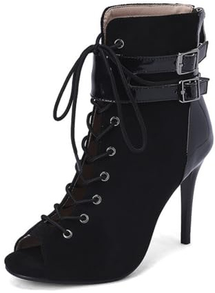 Generisch Donne Stivali Caviglia in Similpelle Metallica Punta Aperta Tacco A Spillo Lacci Doppia Cinturina Fibbia Scarpe con Tacco Alto,Nero,46 EU