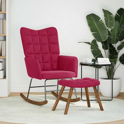 RuiNingRN Gungstol med pall vinröd sammet relaxfåtölj med armstöd och fotstöd, ergonomisk lounge- och amningsstol för vardagsrum, sovrum, balkong och trädgård, snygg gosig stol