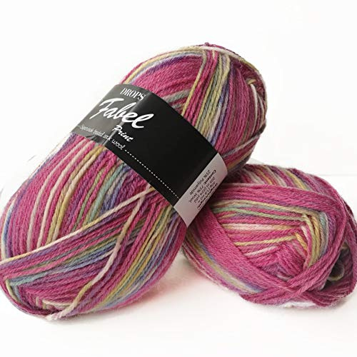 DROPS Wool - Knitting Fabel Superwash Merino - 4 Ply Fingering Sock Crochet Yarn - 161 Print Pink Dream