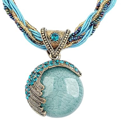 Harlorki Women Lady Handmade Retro Vintage Bohemian Style Twist Woven Rope Chain Turquoise Rhinestone Pendant Collar Necklace Fashion Jewelry
