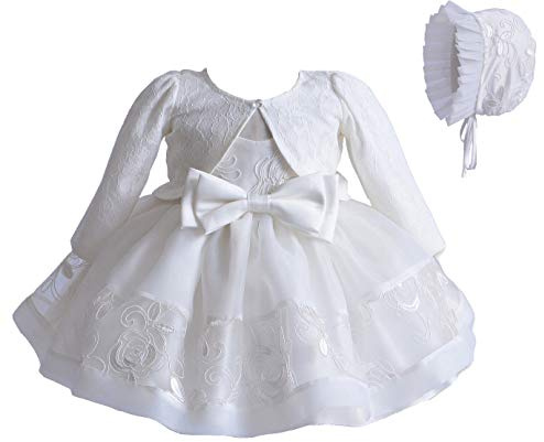 Loalirando Costume Baptême Bébé Fille de 3 Pcs, Robe Princesse en Tulle sans Manches + Boléro à Manches Longues + Bonnet