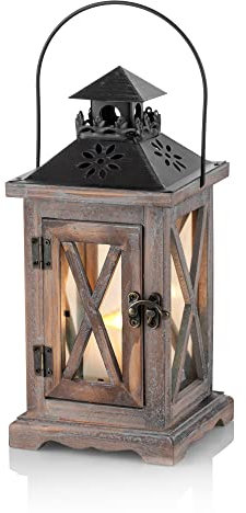 Romadedi Farol de madera, portavelas para jardín, rústico, rústico, con metal y cristal, para velas, vintage, boda, fiesta, Navidad, decoración de mesa interior y exterior, 28 cm