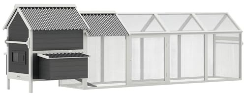 PawHut 162 Large Chicken Coop Wooden for 6-8 Chickens with Handles, Outdoor Chicken Cage Hen House with 2 Nesting Boxes, Water-Resistant Roof, Removable Tray, Ramp, Storm Gray