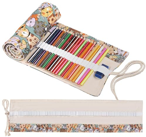 Fatiya Estuche enrollable de lona con 36 ranuras, soporte para rollo de lápices de colores para artistas, organizador portátil para marcadores, dibujo, colorear, suministros de bocetos (gato