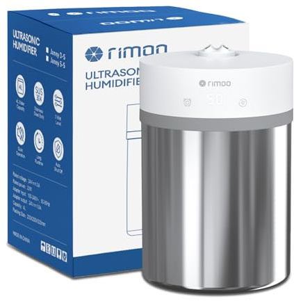 RIMOO Stainless Steel Humidifier, 4L Ultrasonic Cool Mist Humidifiers with Only 3 Parts Easy to Clean, Top Fill Humidifier with 1-9H Timer, 28dB Whisper-Quiet, Filterless for Bedroom Large Room