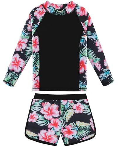 ZNYUNE Maillot de Bain Fille Anti UV UPF 50+ séchage Rapide Manches Longues Rashguard avec Short S506 BlackFlower 10A