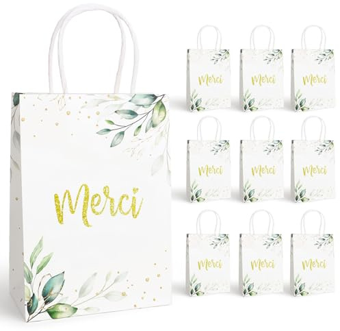 10Pcs Sac Cadeau Papier Pochette “Merci” avec Poignée Motif Verdure Emballage pour Anniversaire Noël Mariage Fête Remerciement 21 * 8 * 15cm (Blanc)