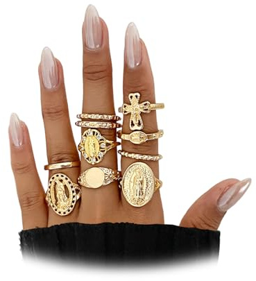 Navirix Gold Virgin Mary Cross Rings Set for Women,10Pcs Vintage Chunky Stackable Cross Knuckle Rings Set Retro Jewlery Accessories(Gloden)
