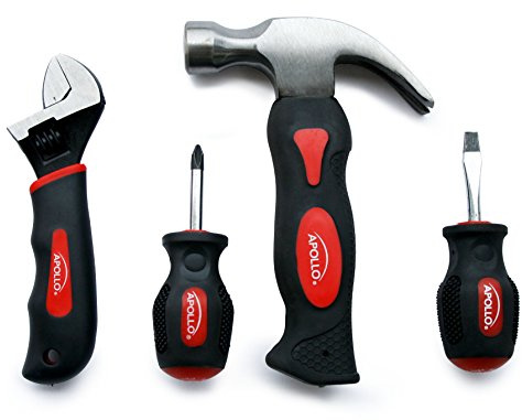 Apollo Tools 4 Piece Stubby Tool Set for Small Hands and Tight Spaces. Convenient and Compact Small Tool Set includes Mini Hammer, Mini Screwdriver Set and Mini Wrench - Red - DT0240