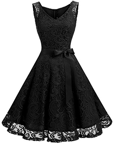 Dressystar 0010 Women Floral Lace Bridesmaid Party Dress Short Prom Dress V Neck Black XL