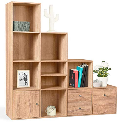 IDMarket - Meuble de Rangement en escalier Liam 4 Niveaux Bois façon hêtre avec Porte et tiroirs