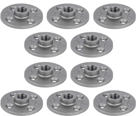 PIPE DECOR 3/8 Malleable Iron Floor Flange 10 Pack, Industrial Steel Grey Fits Standard Three Eighth Inch Threaded Black Pipes and Fittings, Vintage DIY Shelving, Real Plumbing Flanges