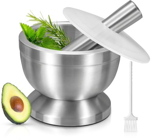 Mortar and Pestle, Sopito 18/8 Stainless Steel Spice Grinder Pill Crusher with Lid for Crushing Grinding Ergonomic Design with Anti Slip Base and Comfy Grip