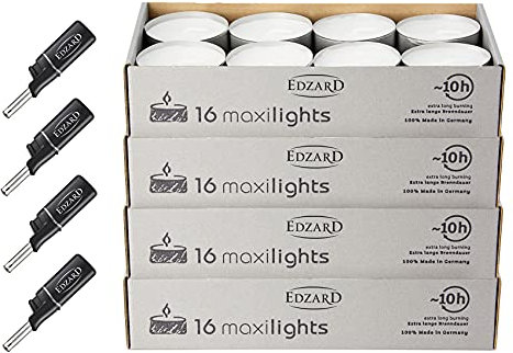 EDZARD “Wenzel Maxilights” - 64 lumini maxi in alluminio, colore bianco, diametro 58 mm, altezza 22 mm, senza profumo, con 4 mini accendini lunghi 11 cm