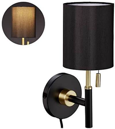 Relaxdays Wandleuchte, runder Stoffschirm, Zugschalter, Kabel mit Stecker, Wandlampe HBT: 32 x 13 x 18 cm, schwarz-gold