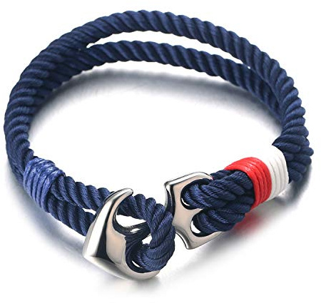 HALUKAKAH ● Vela ● Hombres Pulsera de Cuerda de Nailon de Color Rojo/Blanco/Azul/Azul Marino Multicolor Hecha a Mano con Hebilla de Ancla Plateada 8.26(21cm) con Caja
