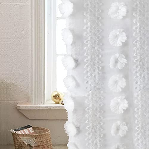 YINFUNG Boho Sheer Curtains White 84 Inch Long 2 Panels Pom Pom Tufted Semi Sheer Textured Embroidered Floral Window Curtain 2 Panel Set Moroccan Shabby Chic Voile Victorian