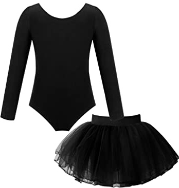 TiaoBug Traje de Ballet para Niñas Leotardo Manga Larga Maillot de Gimnasia Rítmica con Falda Tutú Sólido Vestido de Danza Clásico Disfraz de Bailarina 2-12 Años Negro 11-12 años