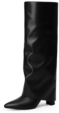 Modatope Black Fold Over Knee High Pointed Chunky Heeled Tall Long Boots for Women Size 7.5
